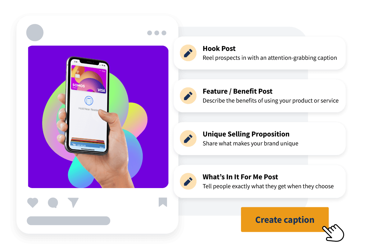 OwlyWriter tool in Hoot suite showing a social media post with 'create caption' tool with copywriting formulas