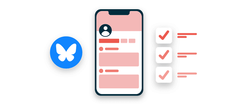 Illustration showing a smartphone with social media profile layout, blue butterfly icon, and three checkmark boxes with text lines